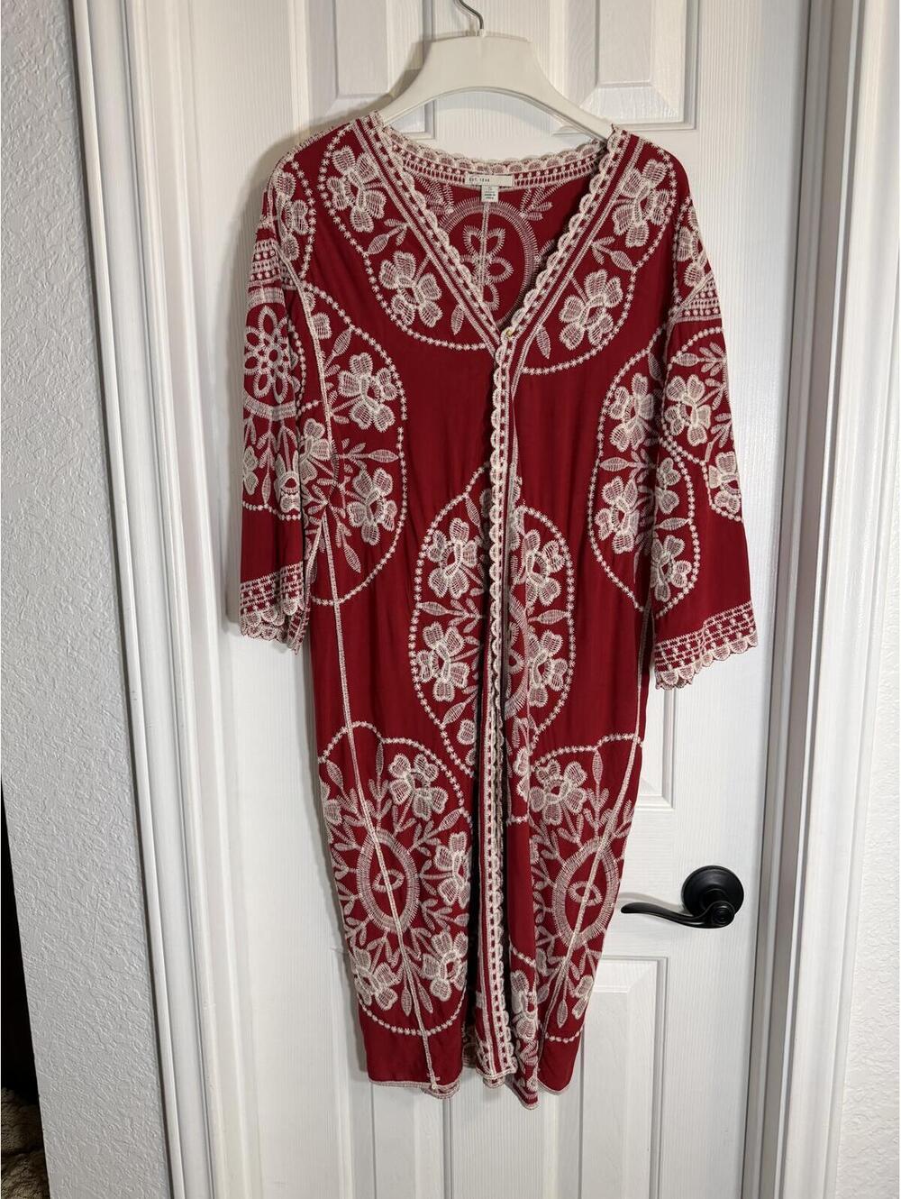 Boho Red and White Embroidered Open Front Kimono Duster